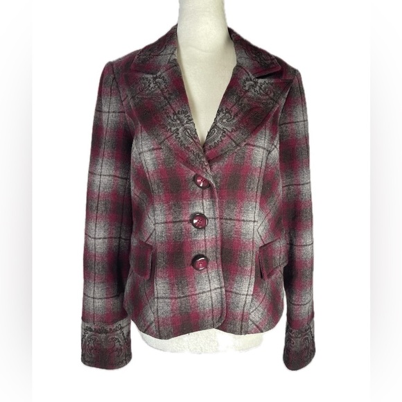 Tribal Plaid Wool Blend Embroidered Blazer Jacket Size 8 - Picture 1 of 7